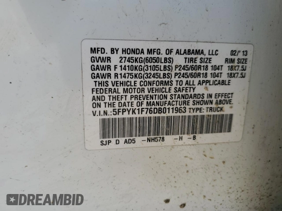 2013 Honda Ridgeline Sport with VIN 5FPYK1F76DB011963, listed as a Copart auction lot 56364585 with 82,326 mi miles and Salvage title. Bid and sale history available at DreamBid. Image 12.