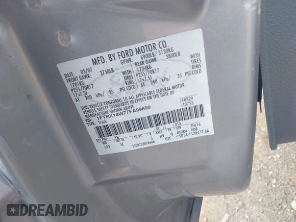 2007 Ford F-150 STX with VIN 1FTRX14W77FA99690, listed as a IAAI auction lot 42277657 with Not provided miles and . Bid and sale history available at DreamBid. Image 9.