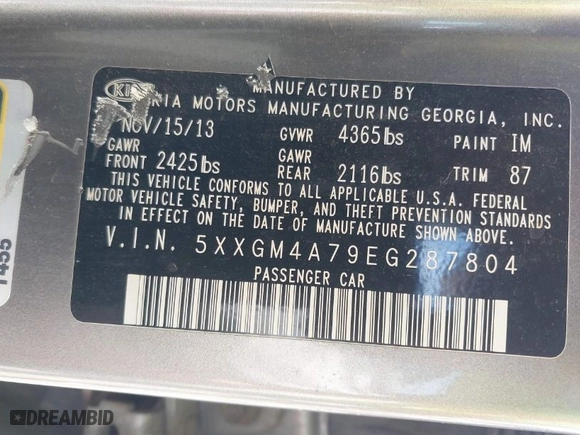 2014 Kia Optima LX with VIN 5XXGM4A79EG287804, listed as a IAAI auction lot 41824981 with 191,213 mi miles. Bid and sale history available at carsss.com. Image 9.