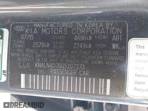 2016 Kia Cadenza Premium with VIN KNALN4D76G5207273, listed as a IAAI auction lot 42018231 with 92,460 mi miles. Bid and sale history available at carsss.com. Image 9.