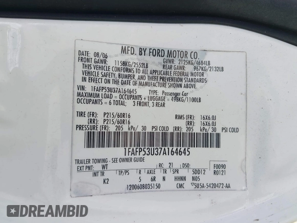 2007 Ford Taurus SE with VIN 1FAFP53U37A164645, listed as a IAAI auction lot 41508191 with 116,373 mi miles and . Bid and sale history available at DreamBid. Image 9.