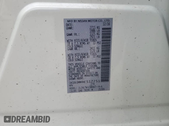 2017 Infiniti QX60 with VIN 5N1DL0MM4HC517751, listed as a Copart auction lot 52100765 with 75,843 mi miles and Salvage Title. Bid and sale history available at DreamBid. Image 13.