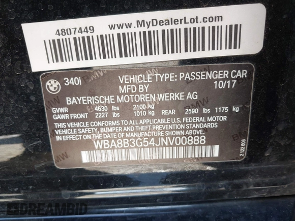 2018 BMW 3 Series 340i z VIN WBA8B3G54JNV00888, wystawiony jako IAAI lot #42062044 z przebiegiem 64 412 mil mil oraz . Historia ofert i sprzedaży dostępna na DreamBid. Obrazek 9.
