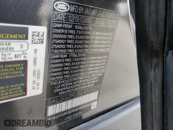 2020 Land Rover Range Rover HSE with VIN SALGS2RU6LA593221, listed as a Copart auction lot 56663245 with 56,234 mi miles and Salvage Title. Bid and sale history available at DreamBid. Image 13.