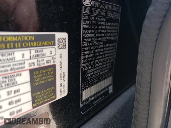 2020 Land Rover Range Rover HSE with VIN SALGS2RU1LA413952, listed as a Copart auction lot 62476765 with 62,673 mi miles and Salvage title. Bid and sale history available at DreamBid. Image 14.
