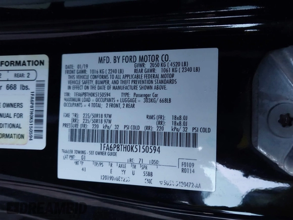 2019 Ford Mustang EcoBoost with VIN 1FA6P8TH0K5150594, listed as a IAAI auction lot 40997411 with 91,603 mi miles and . Bid and sale history available at carsss.com. Image 9.