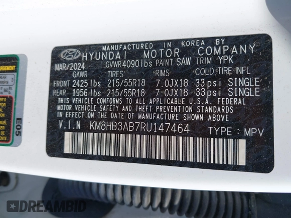 2024 Hyundai Kona SEL with VIN KM8HB3AB7RU147464, listed as a IAAI auction lot 42050923 with 21,165 mi miles. Bid and sale history available at carsss.com. Image 9.