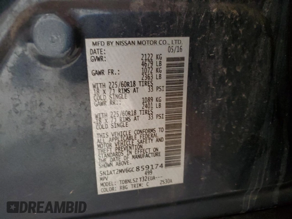2016 Nissan Rogue SL with VIN 5N1AT2MV6GC859174, listed as a Copart auction lot 51227035 with 63,582 mi miles and Salvage Title. Bid and sale history available at DreamBid. Image 13.