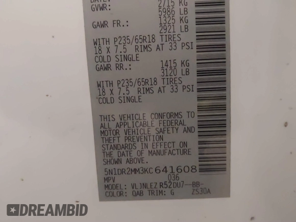 2019 Nissan Pathfinder S с VIN 5N1DR2MM3KC641608, выставлен на аукционе IAAI как лот 41446787 с пробегом 55 101 миль миль и . История ставок и продаж доступна на DreamBid. Изображение 9.