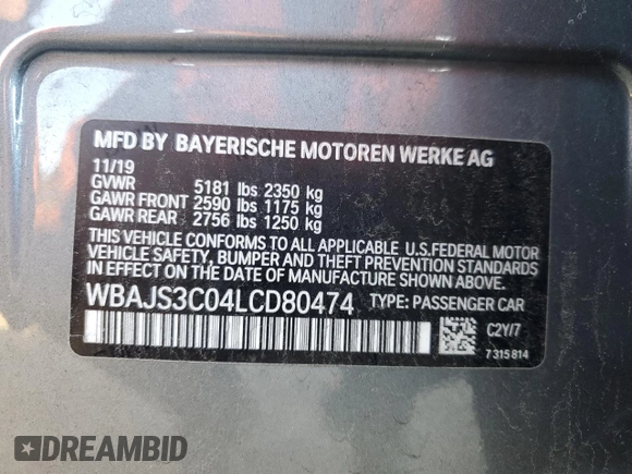 2020 BMW 5 Series 540i xDrive with VIN WBAJS3C04LCD80474, listed as a Copart auction lot 84909444 with Not provided miles and Clean title. Bid and sale history available at DreamBid. Image 12.