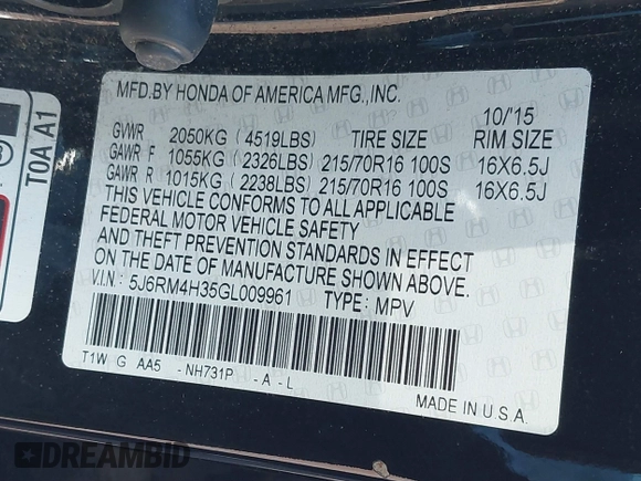 2016 Honda CR-V LX with VIN 5J6RM4H35GL009961, listed as a IAAI auction lot 41695675 with 68,201 mi miles. Bid and sale history available at carsss.com. Image 9.