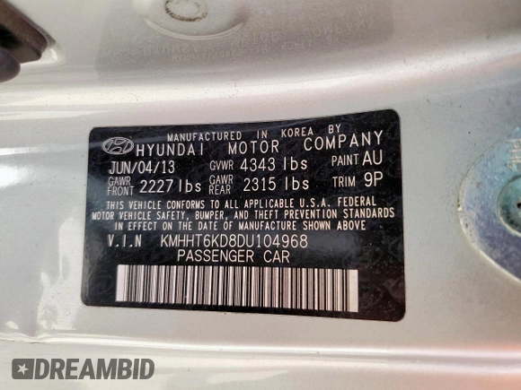 2013 Hyundai Genesis Coupe Premium with VIN KMHHT6KD8DU104968, listed as a Copart auction lot 56409685 with Not provided miles and Salvage title. Bid and sale history available at DreamBid. Image 12.