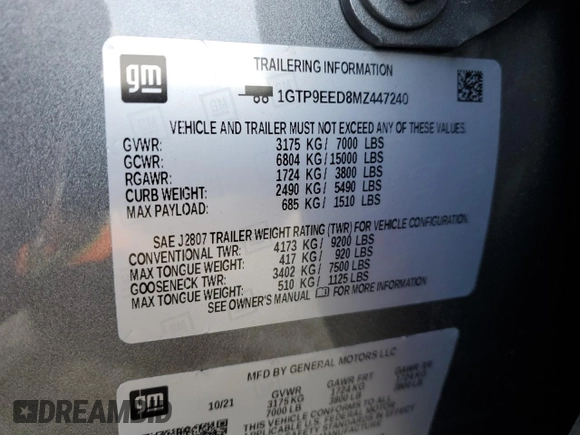 2021 GMC Sierra 1500 AT4 with VIN 1GTP9EED8MZ447240, listed as a Copart auction lot 47469775 with 58,807 mi miles and Salvage Title. Bid and sale history available at carsss.com. Image 14.