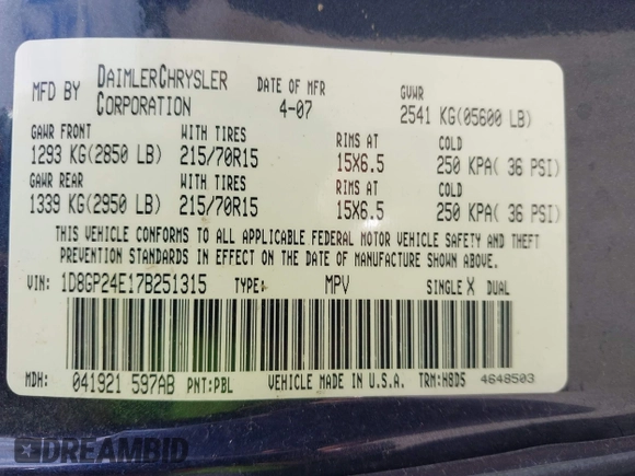 2007 Dodge Grand Caravan z VIN 1D8GP24E17B251315, wystawiony jako IAAI lot #42527469 z przebiegiem 249 267 mil mil oraz . Historia ofert i sprzedaży dostępna na DreamBid. Obrazek 9.