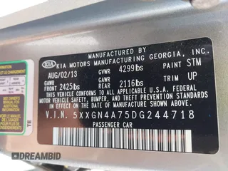 2013 Kia Optima EX with VIN 5XXGN4A75DG244718, listed as a IAAI auction lot 42652312 with 227,618 mi miles and . Bid and sale history available at DreamBid. Image 9.