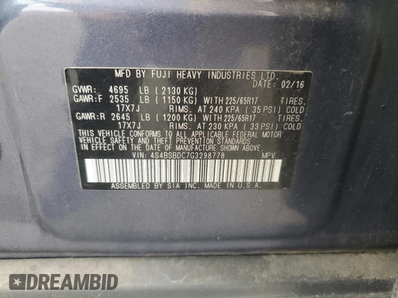 2016 Subaru Outback Premium with VIN 4S4BSBDC7G3298778, listed as a Copart auction lot 59945795 with 109,868 mi miles and Salvage title. Bid and sale history available at DreamBid. Image 13.