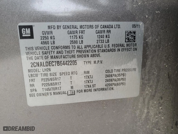2011 Chevrolet Equinox LT w/1LT with VIN 2CNALDEC7B6442205, listed as a Copart auction lot 45036905 with 0 mi miles and Salvage Title. Bid and sale history available at carsss.com. Image 16.