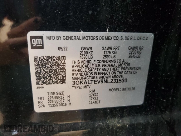 2022 GMC Terrain SLE with VIN 3GKALTEV9NL231530, listed as a Copart auction lot 61862675 with 169,169 mi miles and Clean title. Bid and sale history available at DreamBid. Image 13.