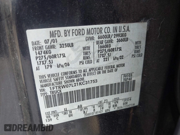 2001 Ford F-150 XLT z VIN 1FTRW07L21KC31753, wystawiony jako IAAI lot #42258913 z przebiegiem 205 960 mil mil oraz . Historia ofert i sprzedaży dostępna na DreamBid. Obrazek 9.