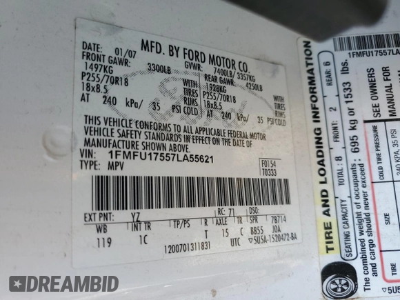 2007 Ford Expedition Eddie Bauer z VIN 1FMFU17557LA55621, wystawiony jako Copart lot #60856985 z przebiegiem 202 468 mil mil oraz Szkoda całkowita • Salvage title. Historia ofert i sprzedaży dostępna na DreamBid. Obrazek 13.