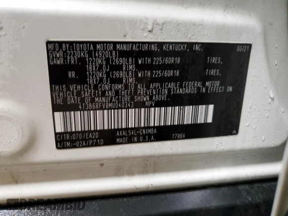 2021 Toyota RAV4 Hybrid LE with VIN 4T3B6RFV8MU040343, listed as a Copart auction lot 47552405 with 42,902 mi miles and Salvage Title. Bid and sale history available at carsss.com. Image 14.