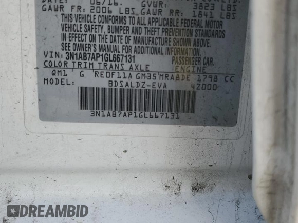 2016 Nissan Sentra S with VIN 3N1AB7AP1GL667131, listed as a Copart auction lot 44405135 with 172,591 mi miles and Salvage Title. Bid and sale history available at carsss.com. Image 12.