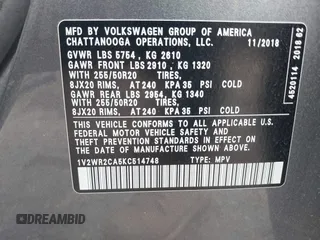 2019 Volkswagen Atlas SE with VIN 1V2WR2CA5KC514748, listed as a IAAI auction lot 42367164 with 57,827 mi miles and . Bid and sale history available at DreamBid. Image 9.