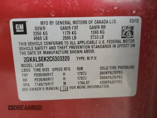 2012 GMC Terrain SLE-2 with VIN 2GKALSEK2C6300320, listed as a Copart auction lot 50974945 with 127,001 mi miles and Salvage Title. Bid and sale history available at DreamBid. Image 13.