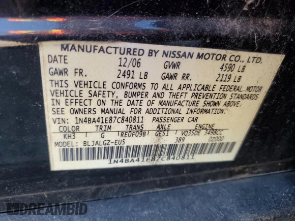 2007 Nissan Maxima 3.5 SL with VIN 1N4BA41E87C840811, listed as a Copart auction lot 41711145 with 155,574 mi miles and Clean Title. Bid and sale history available at carsss.com. Image 12.