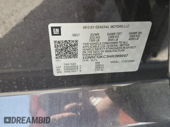2017 Chevrolet Suburban LS с VIN 1GNSCGKC3HR399047, выставлен на аукционе Copart как лот 62225855 с пробегом 127 849 миль миль и Списание • Salvage title. История ставок и продаж доступна на DreamBid. Изображение 13.