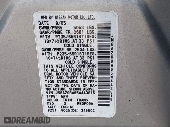 2005 Nissan Murano SL with VIN JN8AZ08W65W443815, listed as a IAAI auction lot 42143822 with 113,824 mi miles and . Bid and sale history available at DreamBid. Image 9.