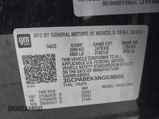 2022 Chevrolet Silverado 1500 Custom with VIN 3GCPABEKXNG538550, listed as a IAAI auction lot 41765350 with 9,982 mi miles and . Bid and sale history available at DreamBid. Image 9.