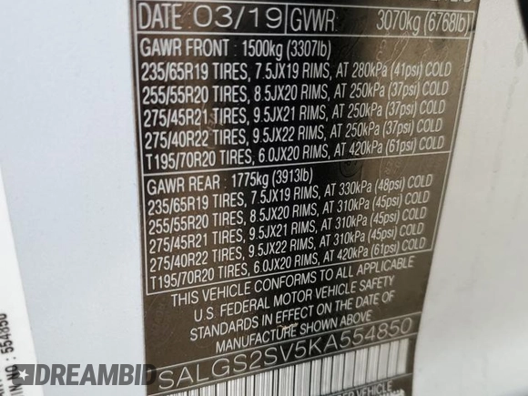 2019 Land Rover Range Rover HSE with VIN SALGS2SV5KA554850, listed as a Copart auction lot 49958105 with 42,447 mi miles and Salvage Title. Bid and sale history available at DreamBid. Image 13.