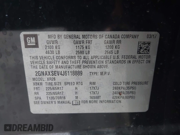 2018 Chevrolet Equinox LT with VIN 2GNAXSEV4J6118889, listed as a IAAI auction lot 41931184 with 90,221 mi miles. Bid and sale history available at carsss.com. Image 9.