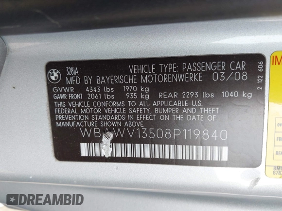 2008 BMW 3 Series 328i z VIN WBAWV13508P119840, wystawiony jako IAAI lot #42171550 z przebiegiem 123 886 mil mil oraz . Historia ofert i sprzedaży dostępna na DreamBid. Obrazek 9.