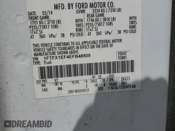 2014 Ford F-150 XL with VIN 1FTFX1EF4EFB48505, listed as a Copart auction lot 58985655 with 195,068 mi miles and Salvage title. Bid and sale history available at DreamBid. Image 12.