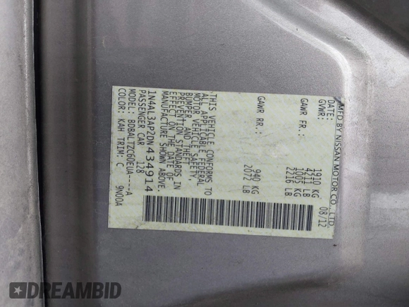 2013 Nissan Altima SV with VIN 1N4AL3AP2DN434914, listed as a IAAI auction lot 42344723 with 182,200 mi miles and . Bid and sale history available at DreamBid. Image 9.