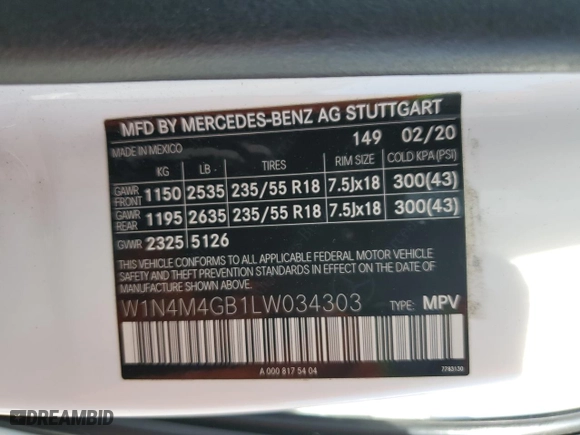 2020 Mercedes-Benz GLB with VIN W1N4M4GB1LW034303, listed as a Copart auction lot 49354325 with 43,274 mi miles and Salvage Title. Bid and sale history available at carsss.com. Image 14.