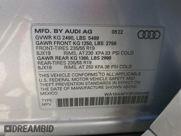 2023 Audi Q5 Sportback S line Premium Plus with VIN WA15AAFY3P2006485, listed as a Copart auction lot 81367284 with Not provided miles and Non repairable. Bid and sale history available at DreamBid. Image 13.
