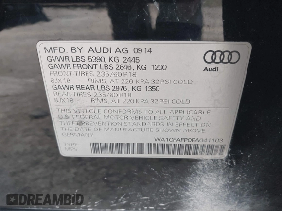 2015 Audi Q5 Premium with VIN WA1CFAFP0FA041103, listed as a IAAI auction lot 42154624 with 123,107 mi miles. Bid and sale history available at carsss.com. Image 9.