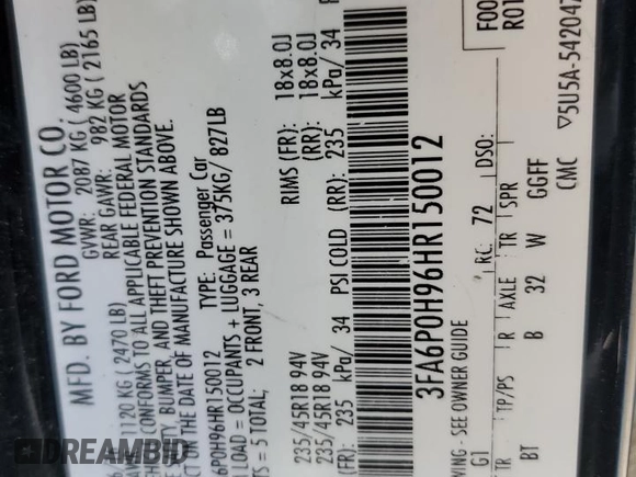 2017 Ford Fusion SE z VIN 3FA6P0H96HR150012, wystawiony jako Copart lot #56789925 z przebiegiem 167 772 mil mil oraz Szkoda całkowita • Salvage title. Historia ofert i sprzedaży dostępna na DreamBid. Obrazek 12.