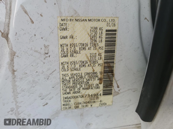 2016 Nissan Frontier S z VIN 1N6AD0ER7GN734984, wystawiony jako Copart lot #87760355 z przebiegiem Nie podano mil oraz Szkoda całkowita • Salvage title. Historia ofert i sprzedaży dostępna na DreamBid. Obrazek 13.