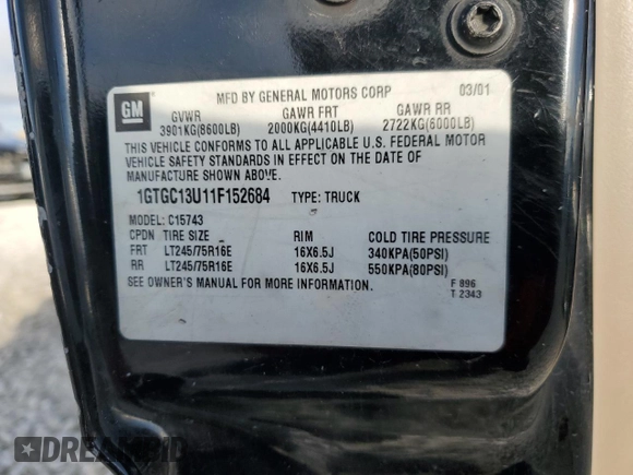 2001 GMC Sierra 1500HD SLE z VIN 1GTGC13U11F152684, wystawiony jako Copart lot #71216924 z przebiegiem Nie podano mil oraz Szkoda całkowita • Salvage title. Historia ofert i sprzedaży dostępna na DreamBid. Obrazek 12.