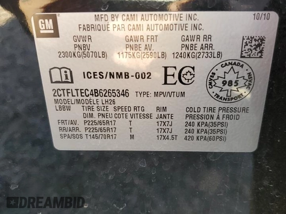 2011 GMC Terrain SLE-2 with VIN 2CTFLTEC4B6265346, listed as a Copart auction lot 62156475 with 142,345 mi miles and Salvage title. Bid and sale history available at DreamBid. Image 13.