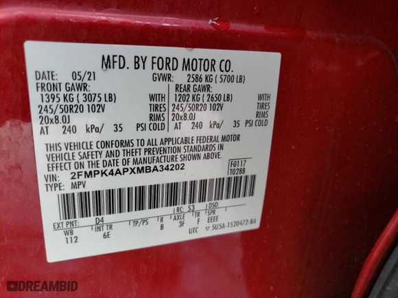 2021 Ford Edge ST with VIN 2FMPK4APXMBA34202, listed as a Copart auction lot 83000364 with 75,774 mi miles and Salvage Title. Bid and sale history available at carsss.com. Image 14.