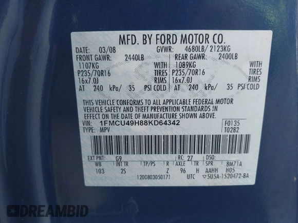 2008 Ford Escape Hybrid with VIN 1FMCU49H88KD64342, listed as a IAAI auction lot 42268501 with 190,000 mi miles and . Bid and sale history available at DreamBid. Image 9.