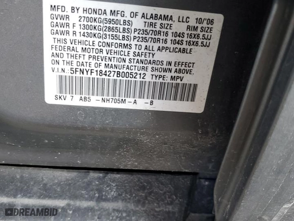 2007 Honda Pilot EX with VIN 5FNYF18427B005212, listed as a Copart auction lot 49246185 with 232,243 mi miles and Salvage Title. Bid and sale history available at carsss.com. Image 13.