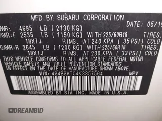 2019 Subaru Outback Touring with VIN 4S4BSATC4K3357564, listed as a IAAI auction lot 41277603 with 28,509 mi miles and . Bid and sale history available at DreamBid. Image 9.