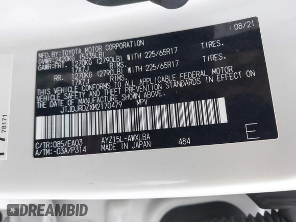 2021 Lexus NX 300h with VIN JTJDJRDZXM2170479, listed as a IAAI auction lot 41070458 with Not Provided miles and . Bid and sale history available at DreamBid. Image 9.