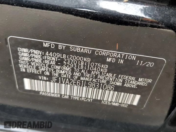 2020 Subaru WRX STI with VIN JF1VA2E61L9831086, listed as a Copart auction lot 36732383 with 0 mi miles. Bid and sale history available at carsss.com. Image 12.